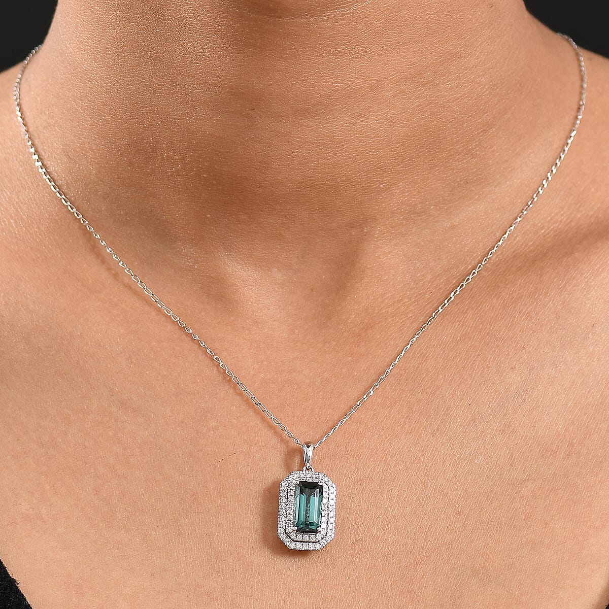 Certified & Appraised Rhapsody AAAA Monte Belo Indicolite and E-F VS Diamond 3.05 ctw Pendant Necklace in 950 Platinum 20 Inches image number 2