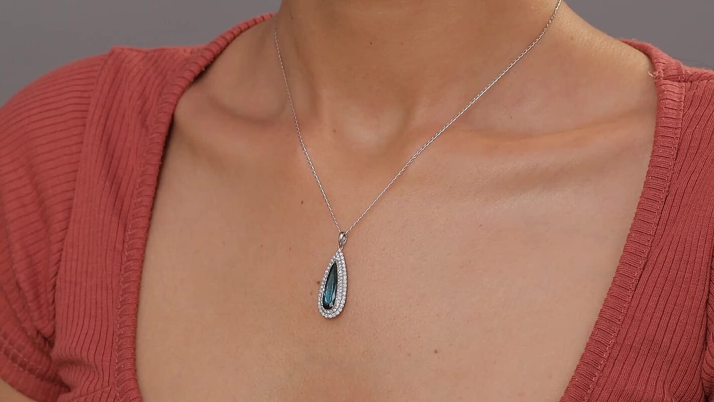 Certified & Appraised Rhapsody AAAA Monte Belo Indicolite and E-F VS Diamond 3.39 ctw Pendant Necklace in 950 Platinum 20 Inches 6.50 Grams