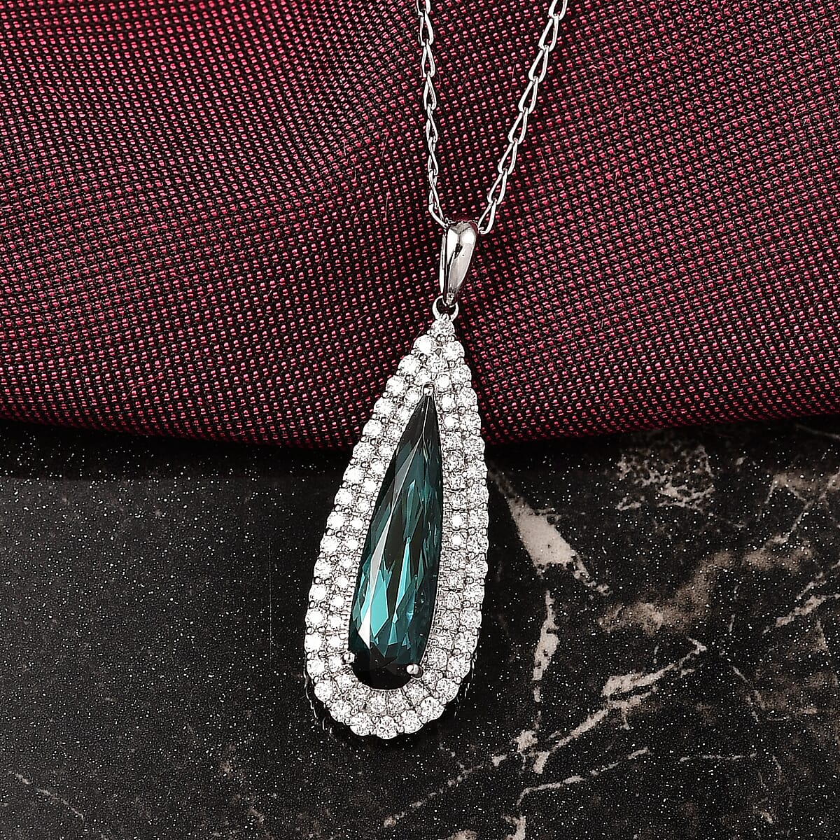 Certified & Appraised Rhapsody AAAA Monte Belo Indicolite and E-F VS Diamond 3.39 ctw Pendant Necklace in 950 Platinum 20 Inches 6.50 Grams image number 1