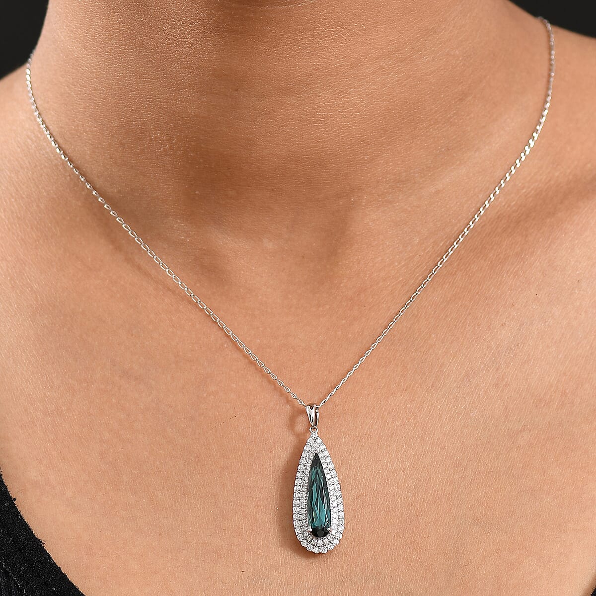 Certified & Appraised Rhapsody AAAA Monte Belo Indicolite and E-F VS Diamond 3.39 ctw Pendant Necklace in 950 Platinum 20 Inches 6.50 Grams image number 2