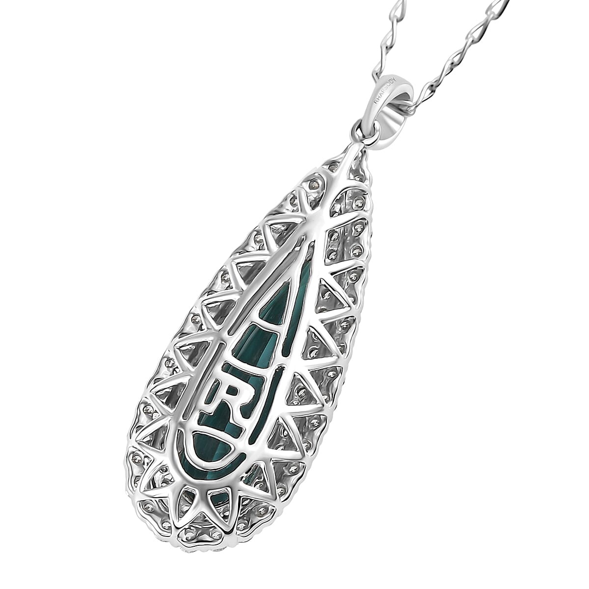 Certified & Appraised Rhapsody AAAA Monte Belo Indicolite and E-F VS Diamond 3.39 ctw Pendant Necklace in 950 Platinum 20 Inches 6.50 Grams image number 4