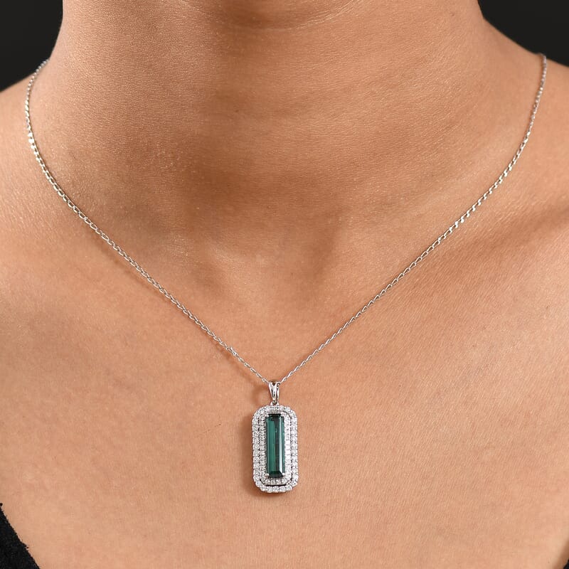 Certified & Appraised Rhapsody AAAA Monte Belo Indicolite and E-F VS Diamond 2.89 ctw Pendant Necklace in 950 Platinum 20 Inches