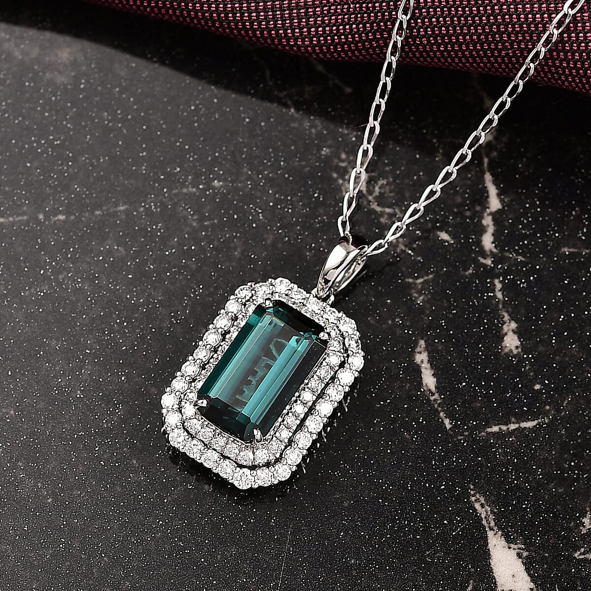 Certified & Appraised Rhapsody AAAA Monte Belo Indicolite and E-F VS Diamond 3.31 ctw Pendant Necklace in 950 Platinum 20 Inches image number 1
