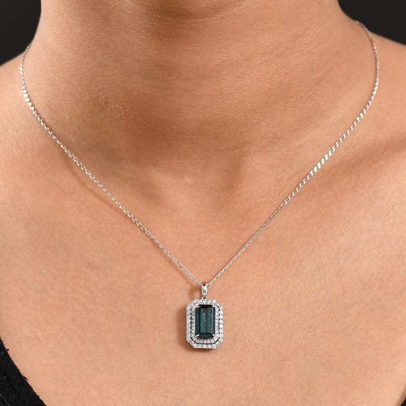 Certified & Appraised Rhapsody AAAA Monte Belo Indicolite and E-F VS Diamond 3.31 ctw Pendant Necklace in 950 Platinum 20 Inches