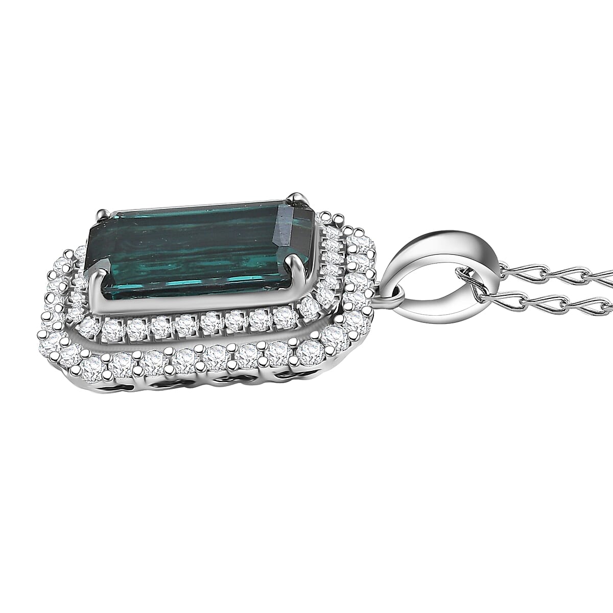 Certified & Appraised Rhapsody AAAA Monte Belo Indicolite and E-F VS Diamond 3.31 ctw Pendant Necklace in 950 Platinum 20 Inches image number 3