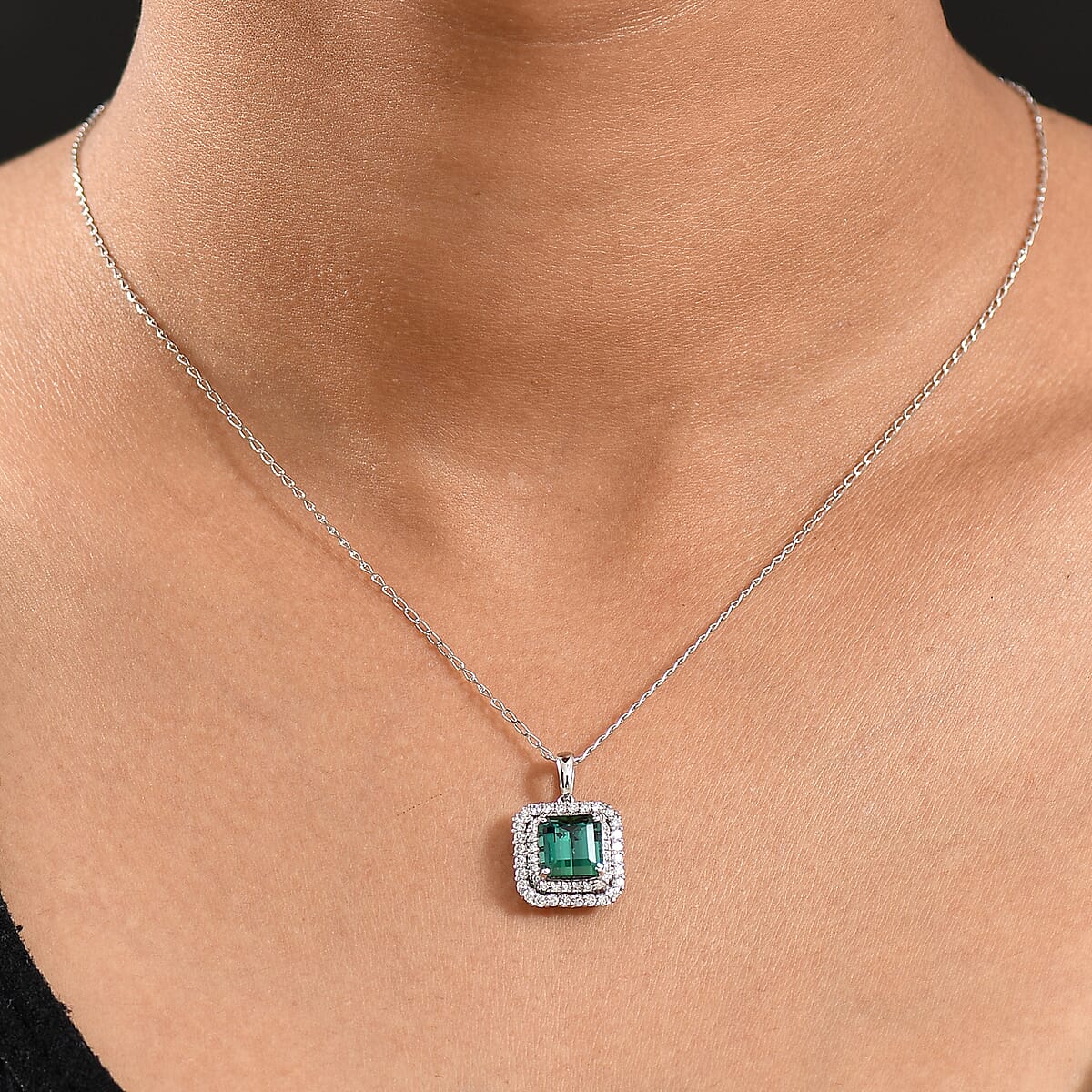 Certified & Appraised Rhapsody 950 Platinum AAAA Monte Belo Indicolite and E-F VS Diamond 3.25 ctw Pendant Necklace 20 Inches image number 2