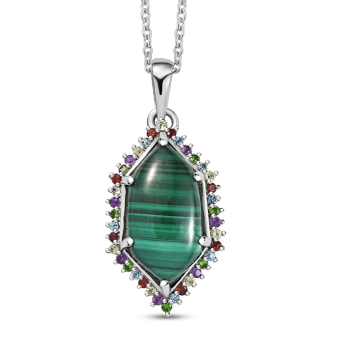 EverTrue African Malachite and Multi Gemstone 14.25 ctw Celestial Halo Pendant in Platinum Bond with Stainless Steel Necklace 20 Inches image number 0