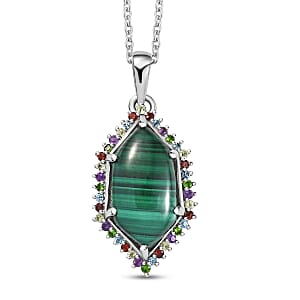 EverTrue African Malachite and Multi Gemstone 14.25 ctw Celestial Halo Pendant in Platinum Bond with Stainless Steel Necklace 20 Inches