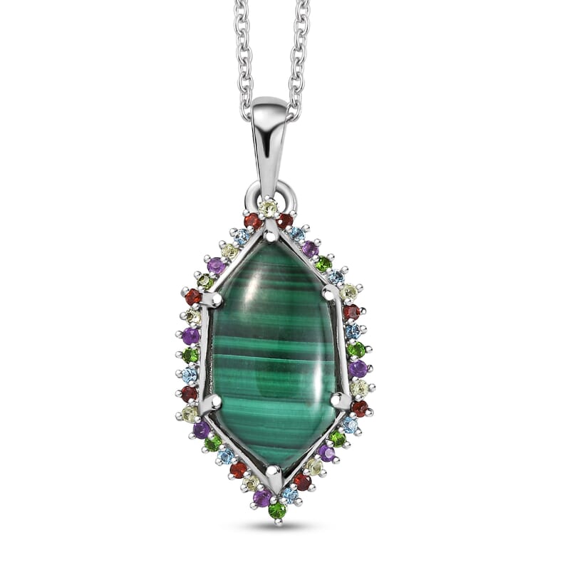 EverTrue African Malachite and Multi Gemstone 14.25 ctw Celestial Halo Pendant in Platinum Bond with Stainless Steel Necklace 20 Inches