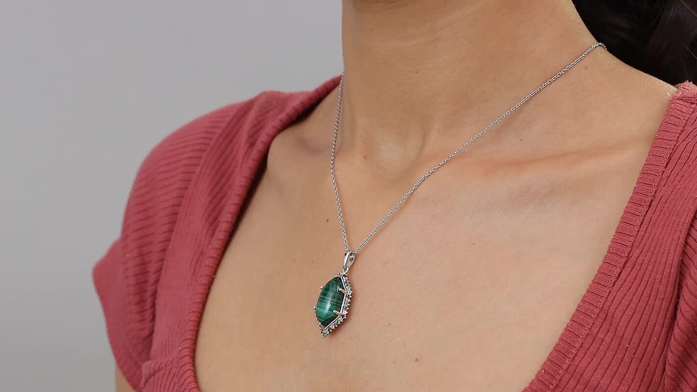 EverTrue African Malachite and Multi Gemstone 14.25 ctw Celestial Halo Pendant in Platinum Bond with Stainless Steel Necklace 20 Inches