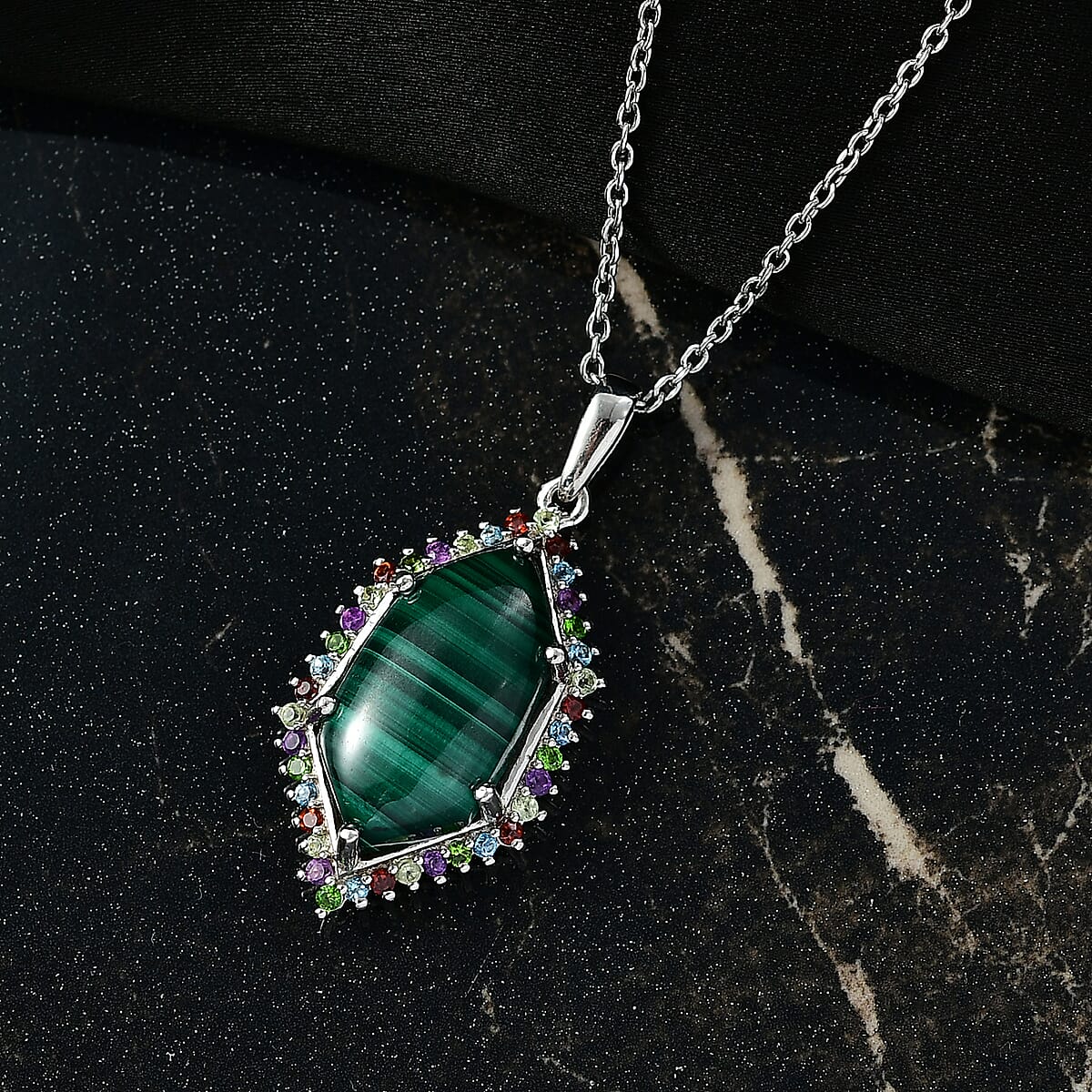 EverTrue African Malachite and Multi Gemstone 14.25 ctw Celestial Halo Pendant in Platinum Bond with Stainless Steel Necklace 20 Inches image number 1
