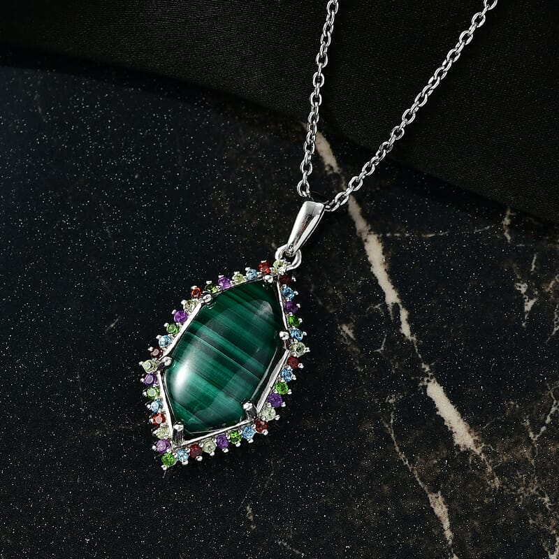 EverTrue African Malachite and Multi Gemstone 14.25 ctw Celestial Halo Pendant in Platinum Bond with Stainless Steel Necklace 20 Inches