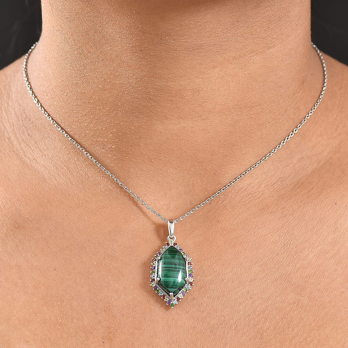 EverTrue African Malachite and Multi Gemstone 14.25 ctw Celestial Halo Pendant in Platinum Bond with Stainless Steel Necklace 20 Inches image number 2