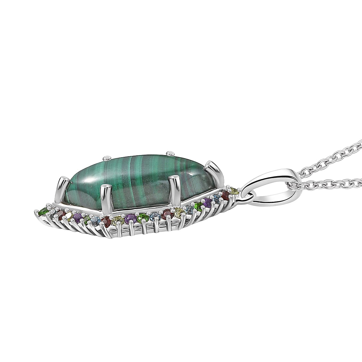 EverTrue African Malachite and Multi Gemstone 14.25 ctw Celestial Halo Pendant in Platinum Bond with Stainless Steel Necklace 20 Inches image number 3