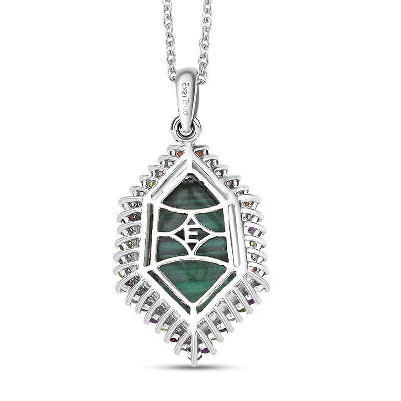 EverTrue African Malachite and Multi Gemstone 14.25 ctw Celestial Halo Pendant in Platinum Bond with Stainless Steel Necklace 20 Inches