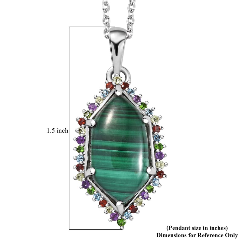 EverTrue African Malachite and Multi Gemstone 14.25 ctw Celestial Halo Pendant in Platinum Bond with Stainless Steel Necklace 20 Inches