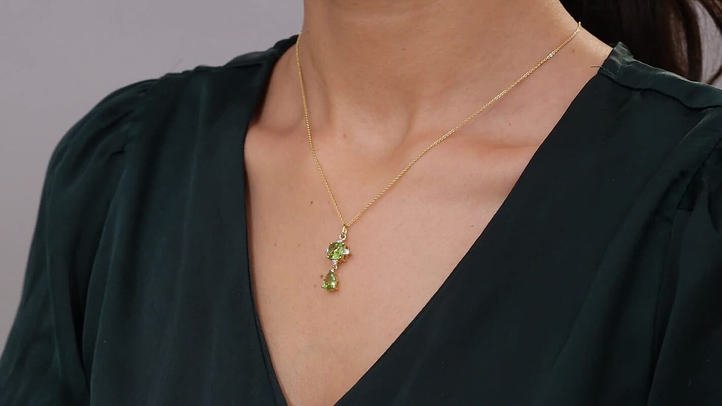D'Joy Premium Peridot and White Zircon 2.85 ctw Pendant Necklace 20 Inches in 14K YG Over Sterling Silver