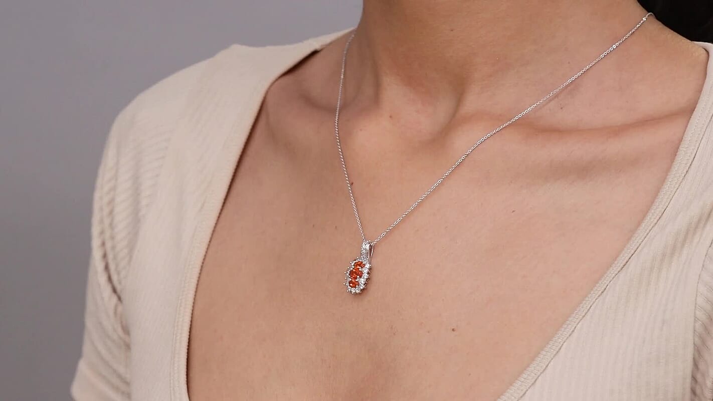 D'Joy Crimson Fire Opal and White Zircon 1.30 ctw Pendant Necklace 20 Inches in Rhodium Over Sterling Silver