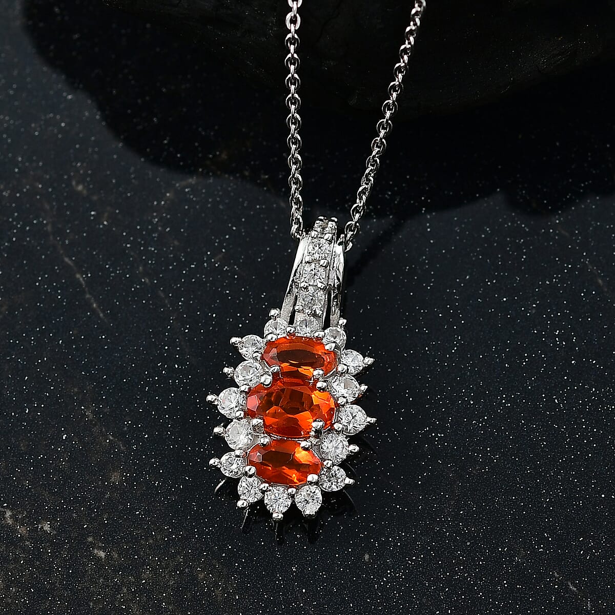 D'Joy Crimson Fire Opal and White Zircon 1.30 ctw Pendant Necklace 20 Inches in Rhodium Over Sterling Silver image number 2