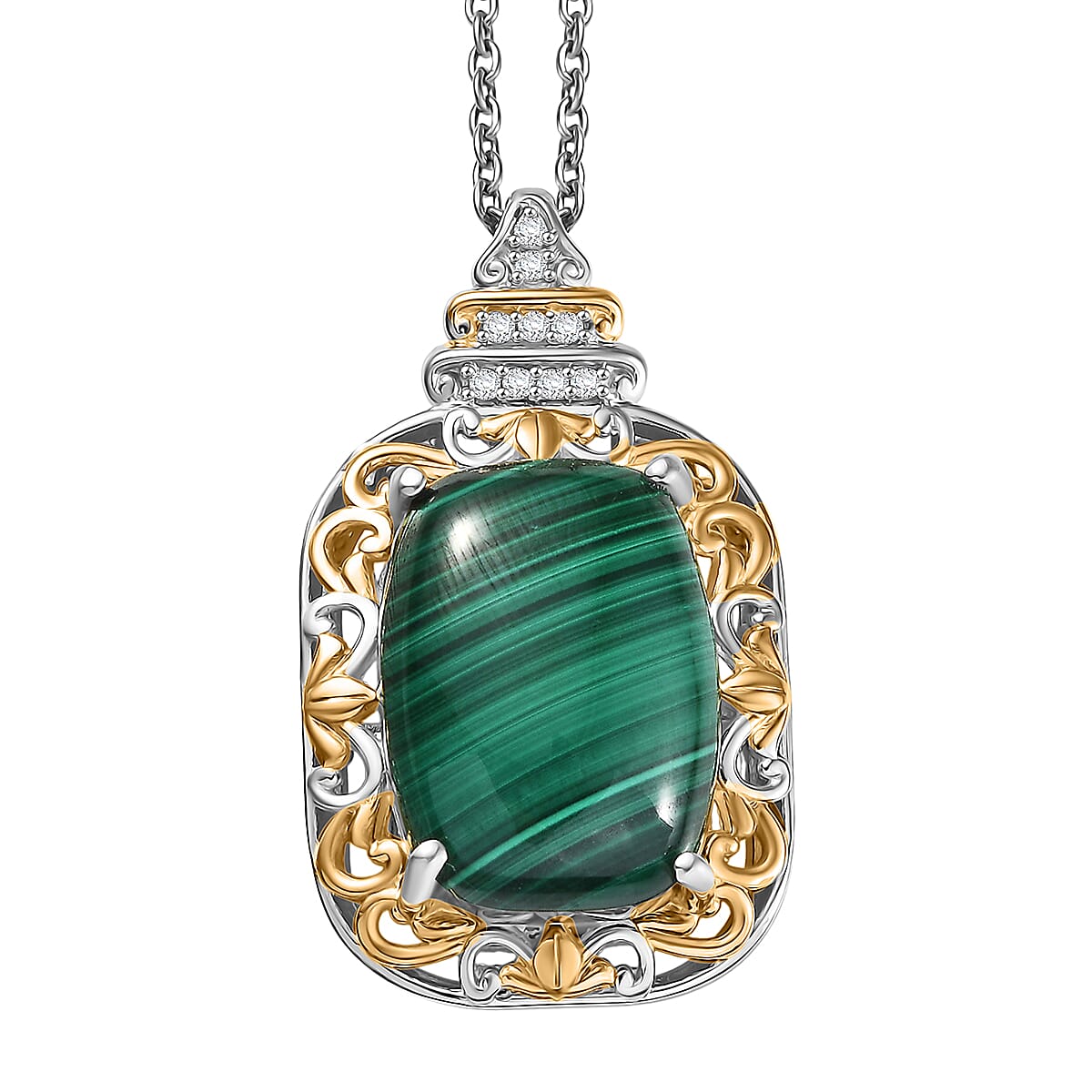 EverTrue African Malachite and White Zircon 17.00 ctw Vintage Era Pendant in 18K YG Plated and Platinum Bond with Stainless Steel Necklace 20 Inches image number 0