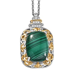 EverTrue African Malachite and White Zircon 17.00 ctw Vintage Era Pendant in 18K YG Plated and Platinum Bond with Stainless Steel Necklace 20 Inches