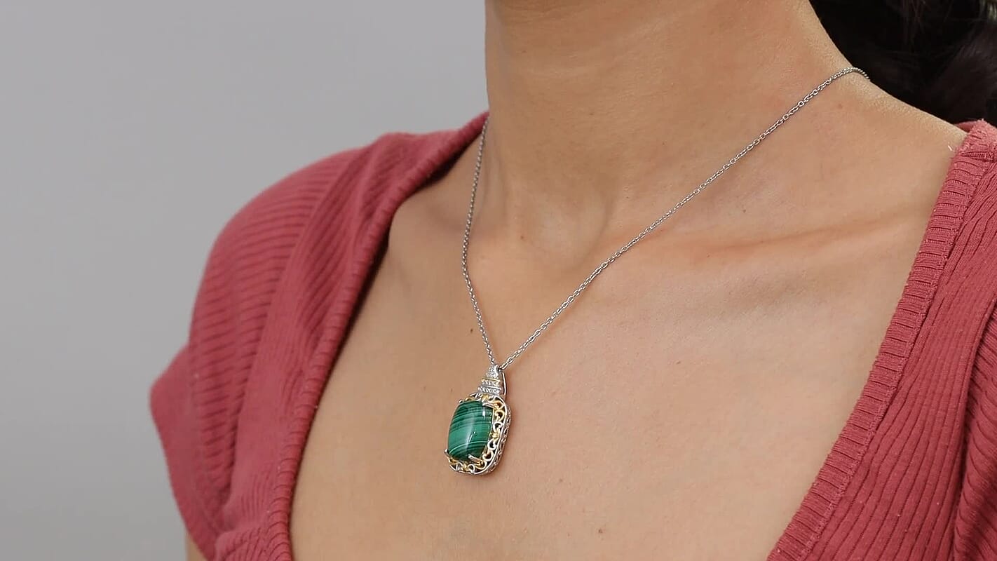 EverTrue African Malachite and White Zircon 17.00 ctw Vintage Era Pendant in 18K YG Plated and Platinum Bond with Stainless Steel Necklace 20 Inches