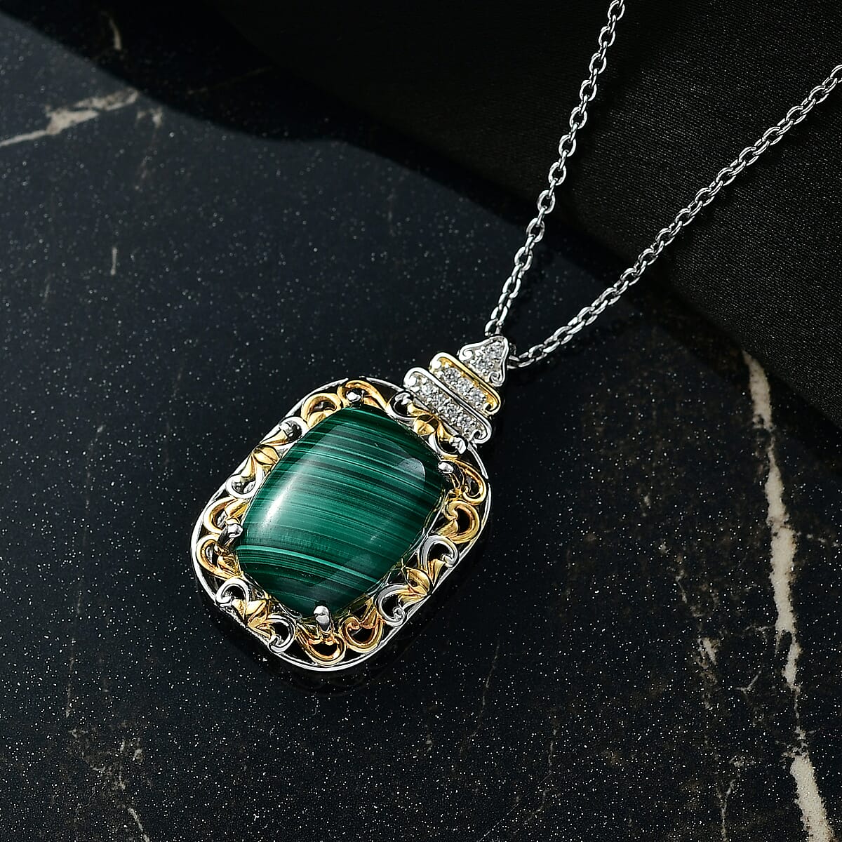 EverTrue African Malachite and White Zircon 17.00 ctw Vintage Era Pendant in 18K YG Plated and Platinum Bond with Stainless Steel Necklace 20 Inches image number 1