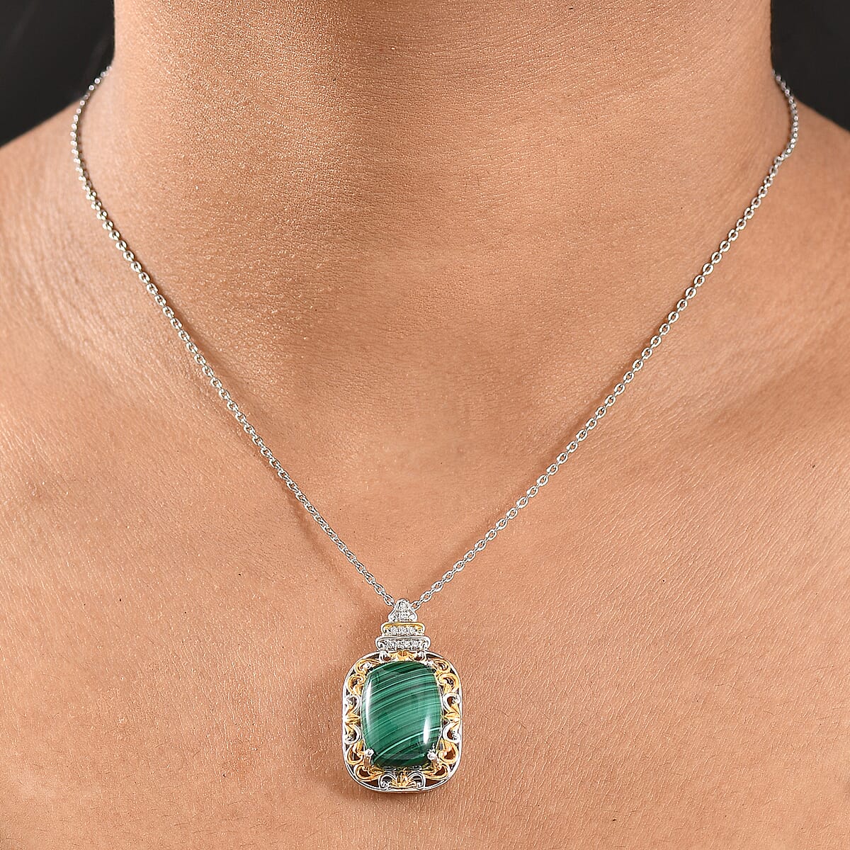 EverTrue African Malachite and White Zircon 17.00 ctw Vintage Era Pendant in 18K YG Plated and Platinum Bond with Stainless Steel Necklace 20 Inches image number 2