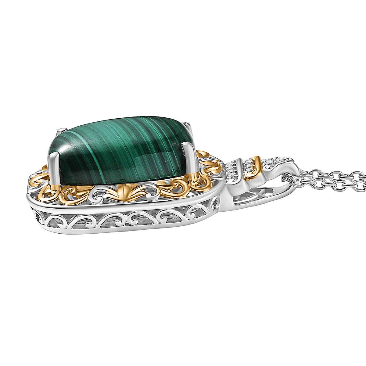 EverTrue African Malachite and White Zircon 17.00 ctw Vintage Era Pendant in 18K YG Plated and Platinum Bond with Stainless Steel Necklace 20 Inches image number 3