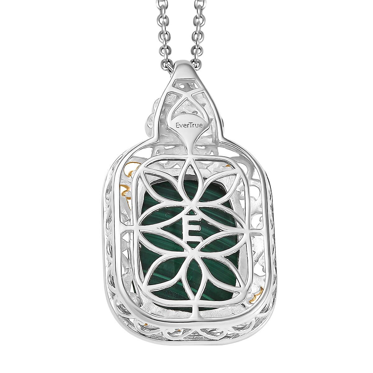 EverTrue African Malachite and White Zircon 17.00 ctw Vintage Era Pendant in 18K YG Plated and Platinum Bond with Stainless Steel Necklace 20 Inches