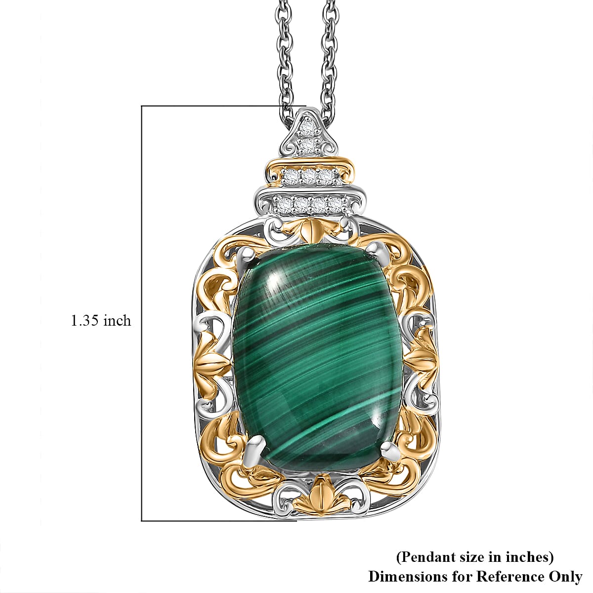 EverTrue African Malachite and White Zircon 17.00 ctw Vintage Era Pendant in 18K YG Plated and Platinum Bond with Stainless Steel Necklace 20 Inches image number 5