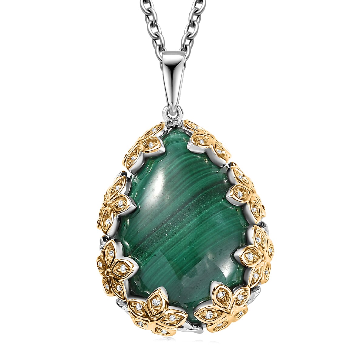 EverTrue African Malachite and White Zircon 19.40 ctw Floral Pendant in 18K YG Plated and Platinum Bond with Stainless Steel Necklace 20 Inches  image number 0