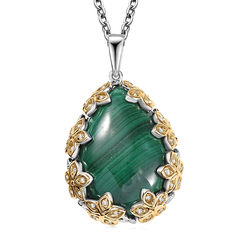 EverTrue African Malachite and White Zircon 19.40 ctw Floral Pendant in 18K YG Plated and Platinum Bond with Stainless Steel Necklace 20 Inches