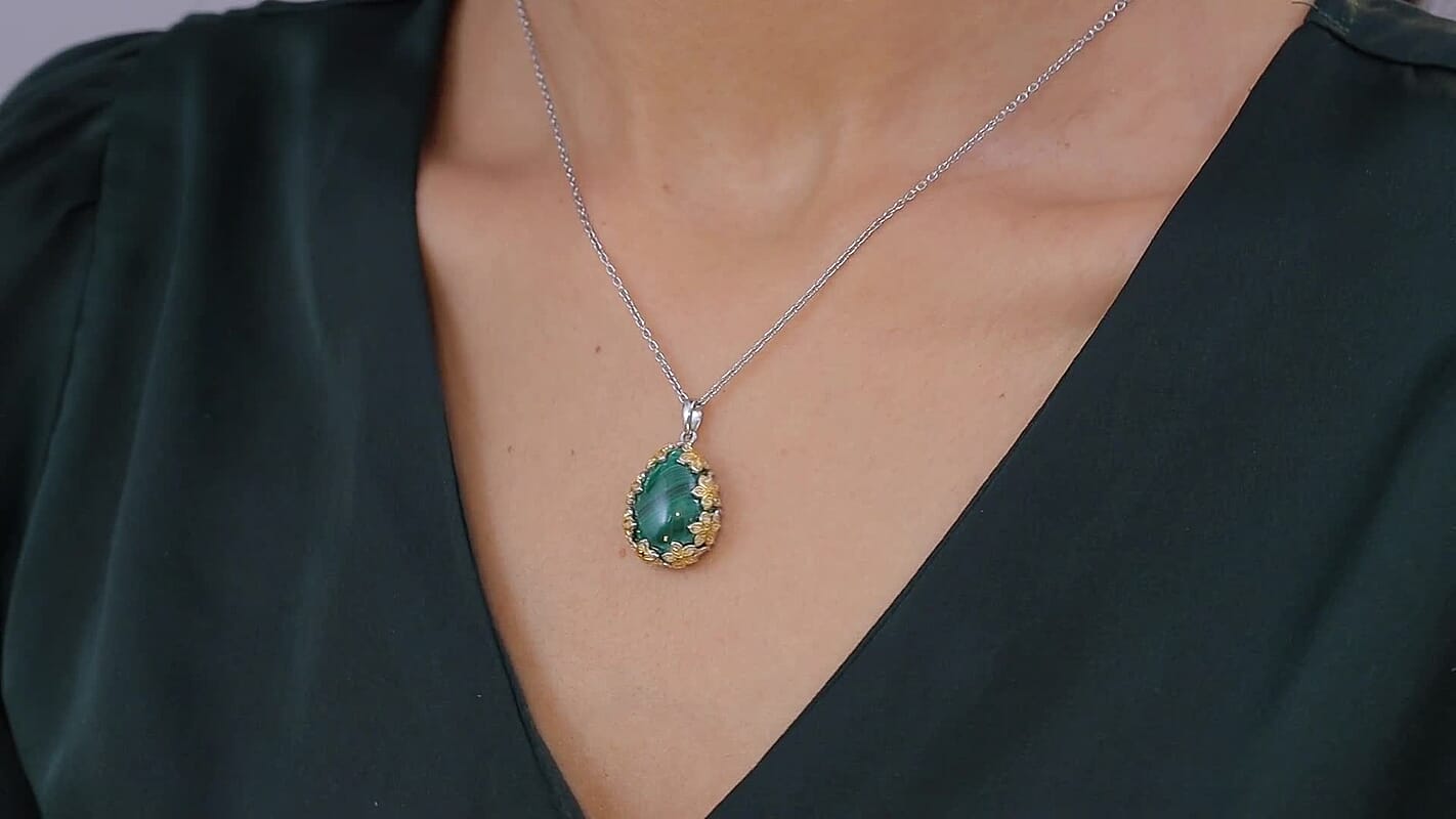 EverTrue African Malachite and White Zircon 19.40 ctw Floral Pendant in 18K YG Plated and Platinum Bond with Stainless Steel Necklace 20 Inches