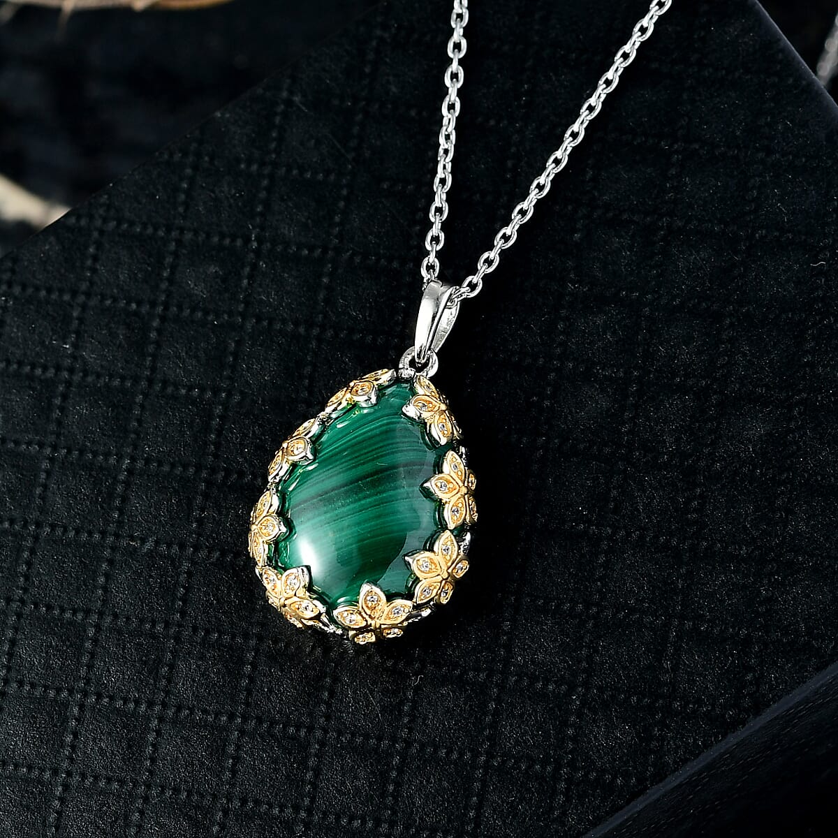 EverTrue African Malachite and White Zircon 19.40 ctw Floral Pendant in 18K YG Plated and Platinum Bond with Stainless Steel Necklace 20 Inches  image number 1