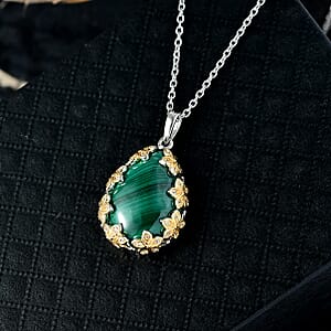 EverTrue African Malachite and White Zircon 19.40 ctw Floral Pendant in 18K YG Plated and Platinum Bond with Stainless Steel Necklace 20 Inches 