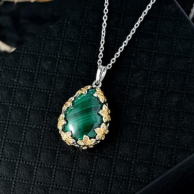 EverTrue African Malachite and White Zircon 19.40 ctw Floral Pendant in 18K YG Plated and Platinum Bond with Stainless Steel Necklace 20 Inches