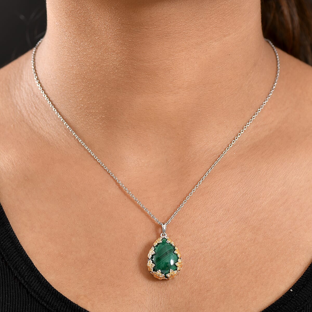 EverTrue African Malachite and White Zircon 19.40 ctw Floral Pendant in 18K YG Plated and Platinum Bond with Stainless Steel Necklace 20 Inches  image number 2