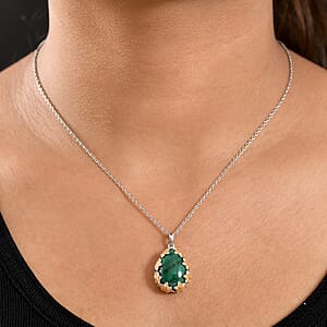 EverTrue African Malachite and White Zircon 19.40 ctw Floral Pendant in 18K YG Plated and Platinum Bond with Stainless Steel Necklace 20 Inches 