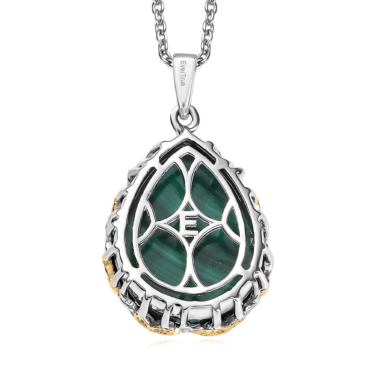 EverTrue African Malachite and White Zircon 19.40 ctw Floral Pendant in 18K YG Plated and Platinum Bond with Stainless Steel Necklace 20 Inches  image number 4