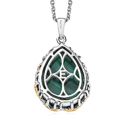 EverTrue African Malachite and White Zircon 19.40 ctw Floral Pendant in 18K YG Plated and Platinum Bond with Stainless Steel Necklace 20 Inches
