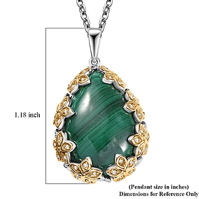 EverTrue African Malachite and White Zircon 19.40 ctw Floral Pendant in 18K YG Plated and Platinum Bond with Stainless Steel Necklace 20 Inches