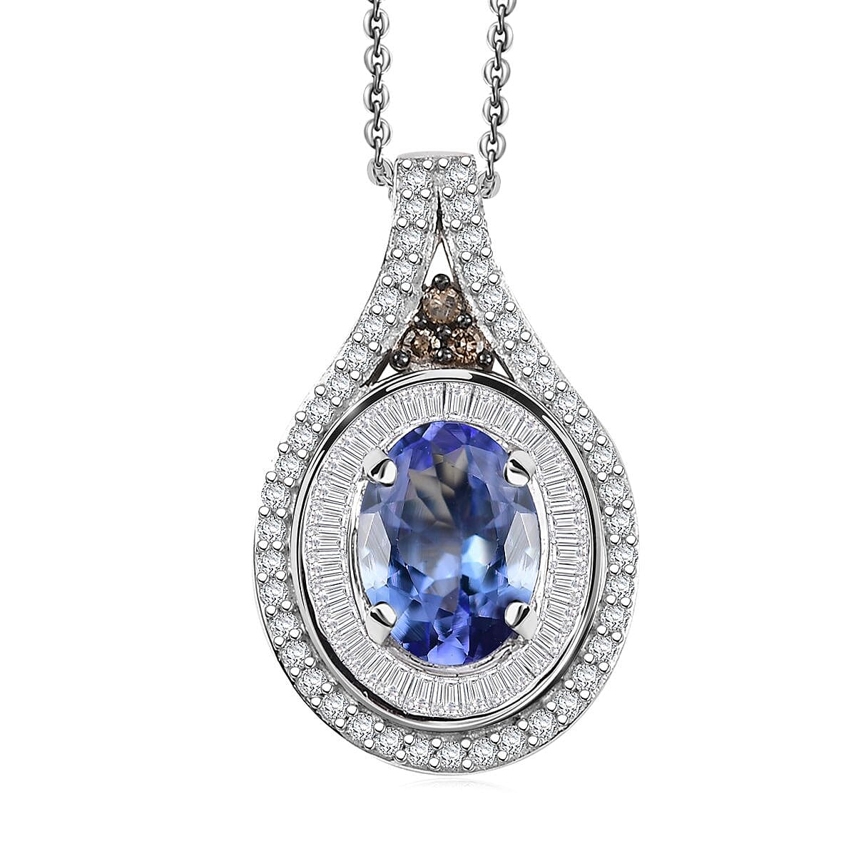 D'Joy Tanzanite, Natural Champagne and White Diamond 1.65 ctw Pendant Necklace in Rhodium Over Sterling Silver 20 Inches image number 0