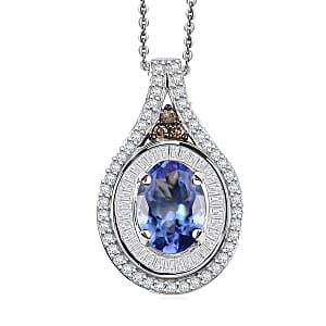 D'Joy Tanzanite, Natural Champagne and White Diamond 1.65 ctw Pendant Necklace in Rhodium Over Sterling Silver 20 Inches