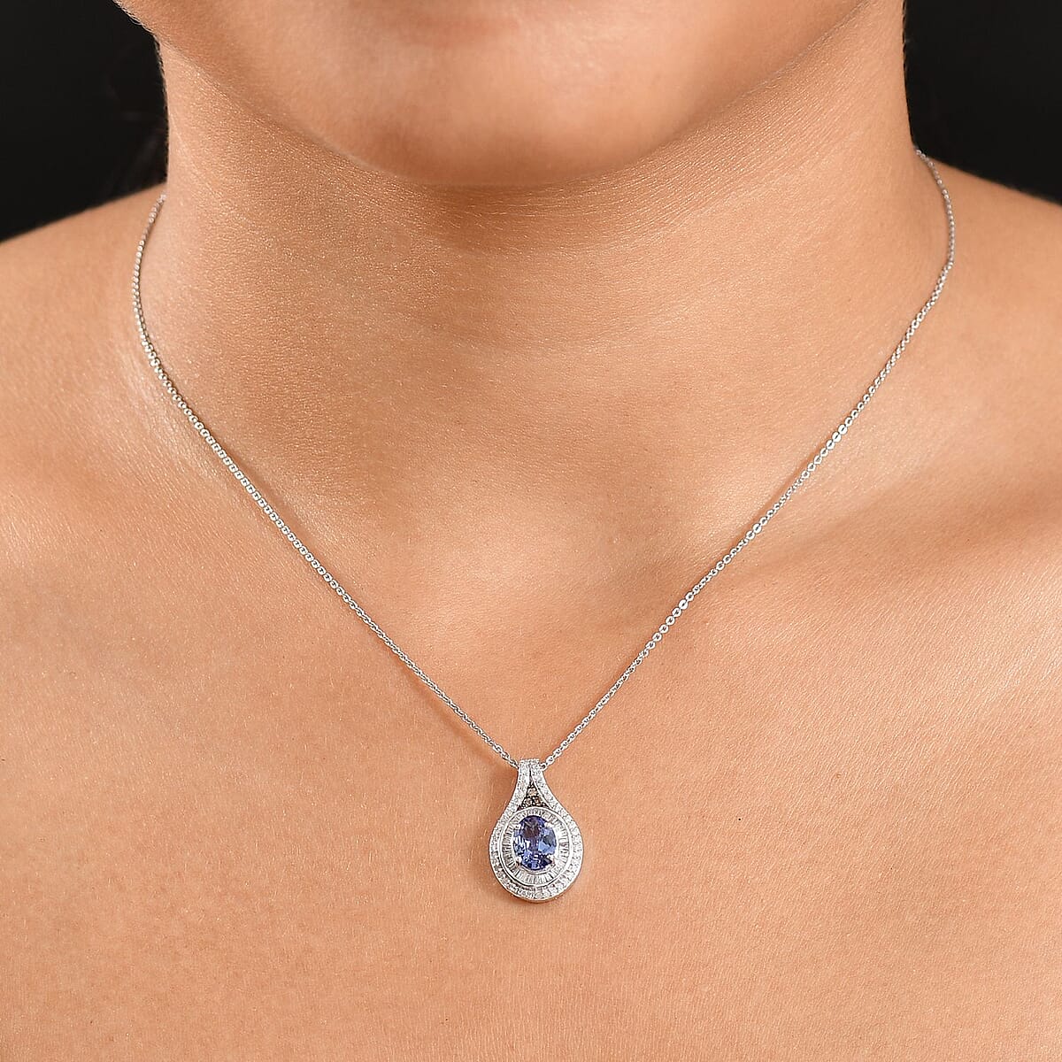 D'Joy Tanzanite, Natural Champagne and White Diamond 1.65 ctw Pendant Necklace in Rhodium Over Sterling Silver 20 Inches image number 2