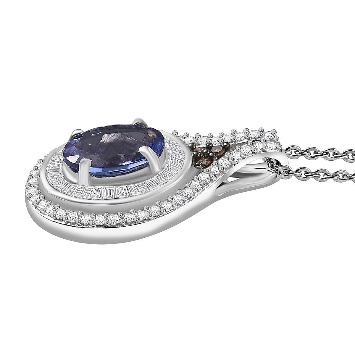 D'Joy Tanzanite, Natural Champagne and White Diamond 1.65 ctw Pendant Necklace in Rhodium Over Sterling Silver 20 Inches image number 3
