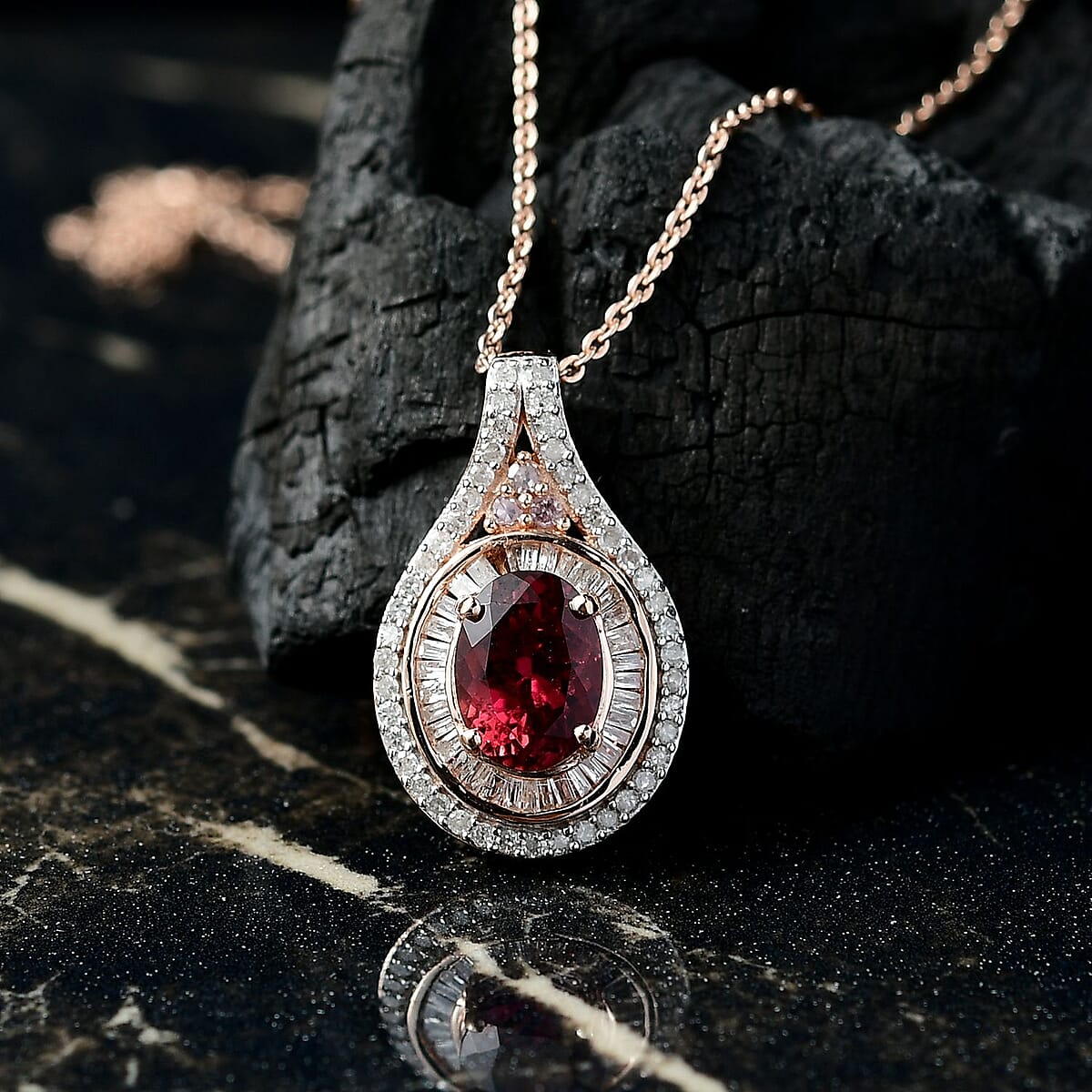 D'Joy Ouro Fino Rubellite, Natural Pink and White Diamond 1.80 ctw Celestial Pendant Necklace in 18K Vermeil Rose Gold Over Sterling Silver 20 Inches image number 1