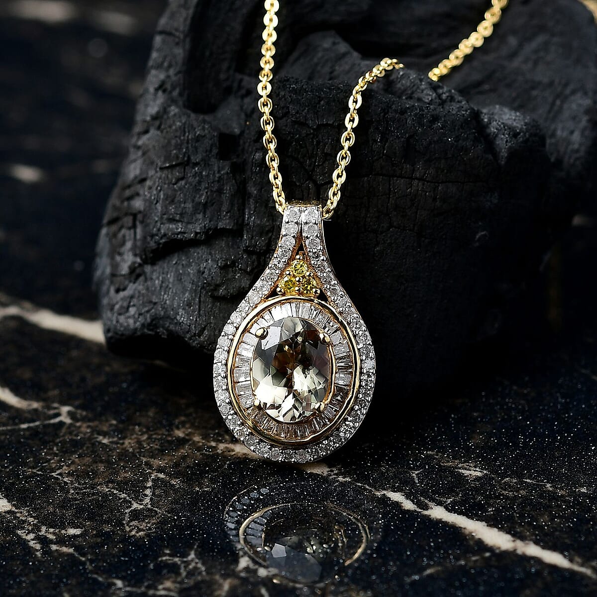 D'Joy Turkizite, Yellow and White Diamond 1.90 ctw Pendant Necklace in 18K Vermeil Yellow Gold Over Sterling Silver 20 Inches image number 1