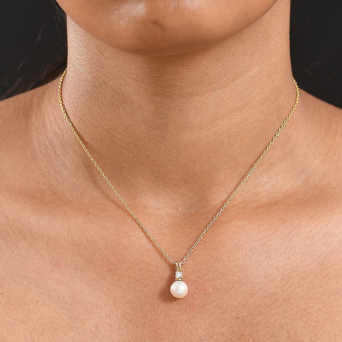 D'Joy Pearl, Lab Grown Diamond Pendant Necklace in 18K Vermeil YG Over Sterling Silver 0.10 ctw (20 Inches) image number 2