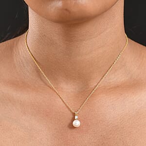 D'Joy Pearl, Lab Grown Diamond Pendant Necklace in 18K Vermeil YG Over Sterling Silver 0.10 ctw (20 Inches)